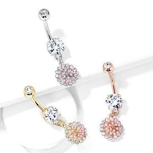 3 Pink Enamel Cluster with CZ Around Dangle Round CZ Set 316L Surgical Ste…